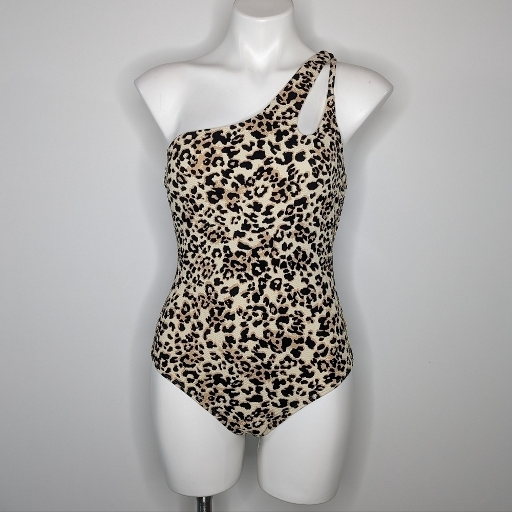 Ibiza black tan cheetah leopard print one shoulder one piece swimsuit L